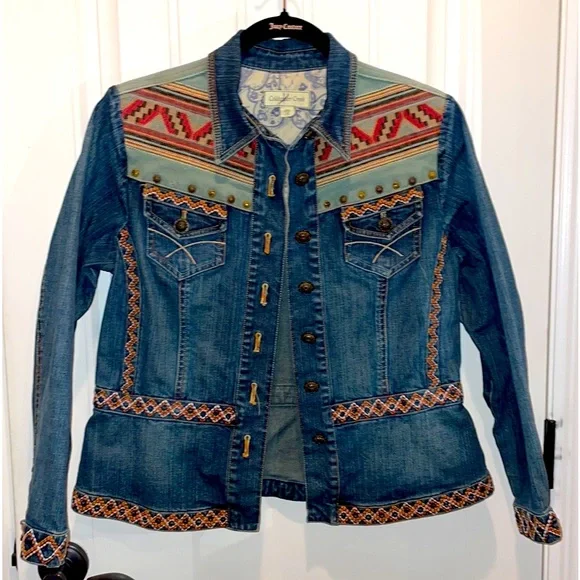 COLDWATER CREEK ( S P ) TRIBAL SOUTHWEST BRASS STUDDED JEAN JACKET BUTTON FRONT - Picture 1 of 10